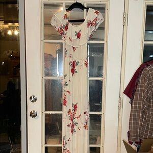 Floral Cream Maxi Dress with Red Rose Print